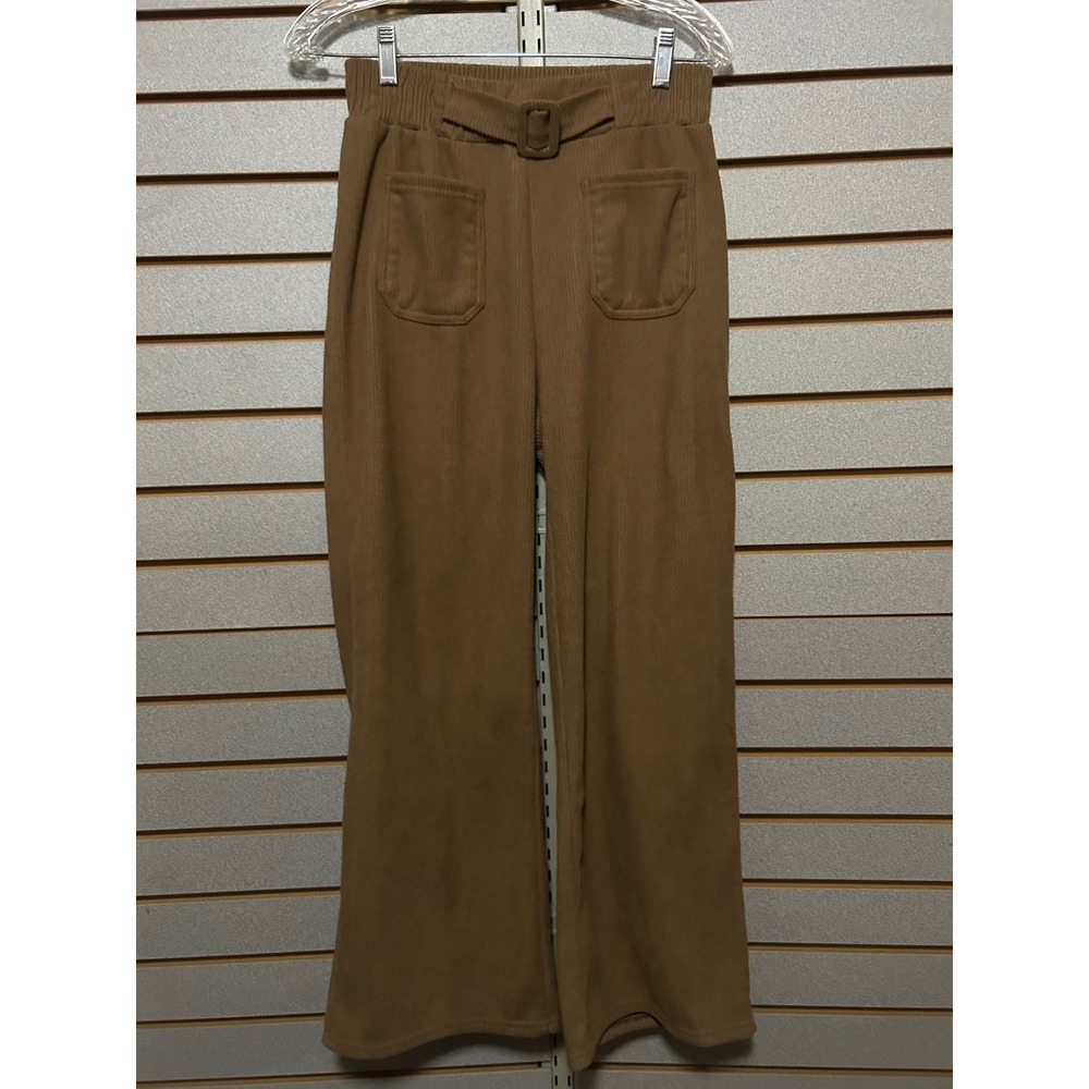 Womens Brown Fleece Lined Corduroy Wide Leg Belted Pants L Retro Fall Winter